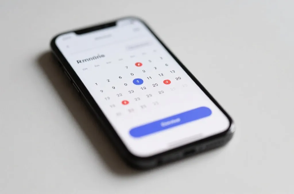 A close-up editorial photo of a smartphone screen displaying a stylized calendar schedule app with reminder notifications