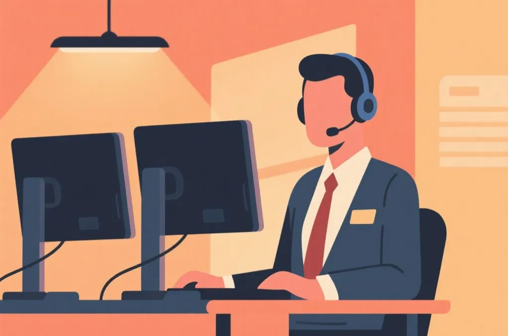 A professional customer service representative with a headset working on a dual monitor setup, warm lighting, flat vector illustration style